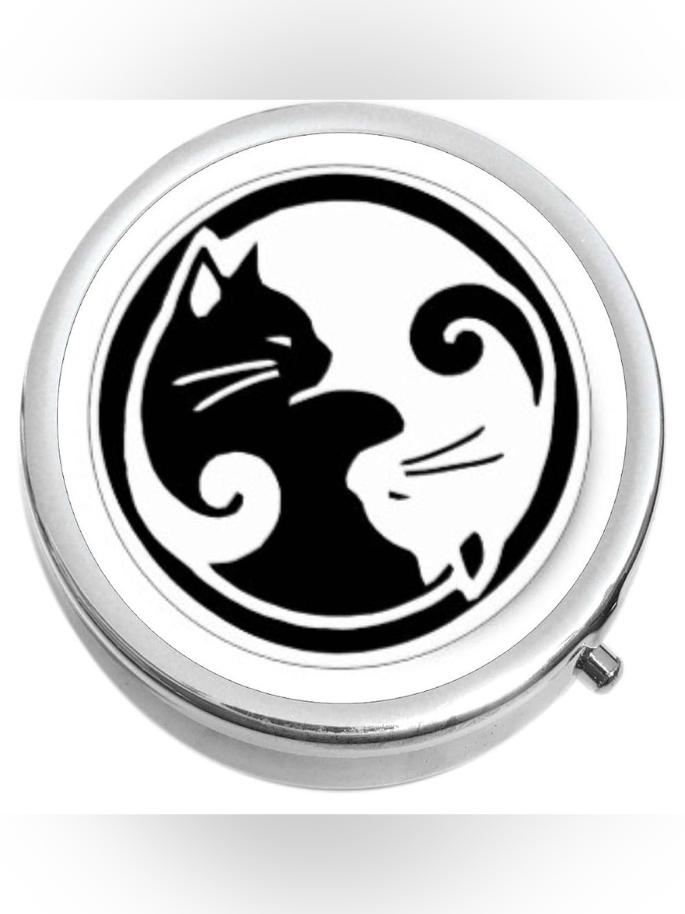 Ying Yang Cat Feline Inspired Round Pill Organizer 3-Compartment Compact Case